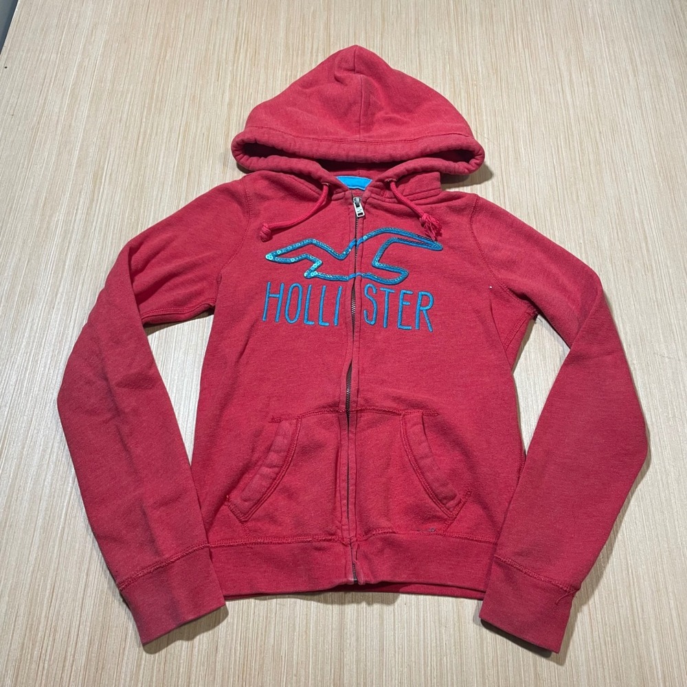 Hollister Zip Up Hoodie Womens XS Red Sequin Logo Seagull California Sweatshirt